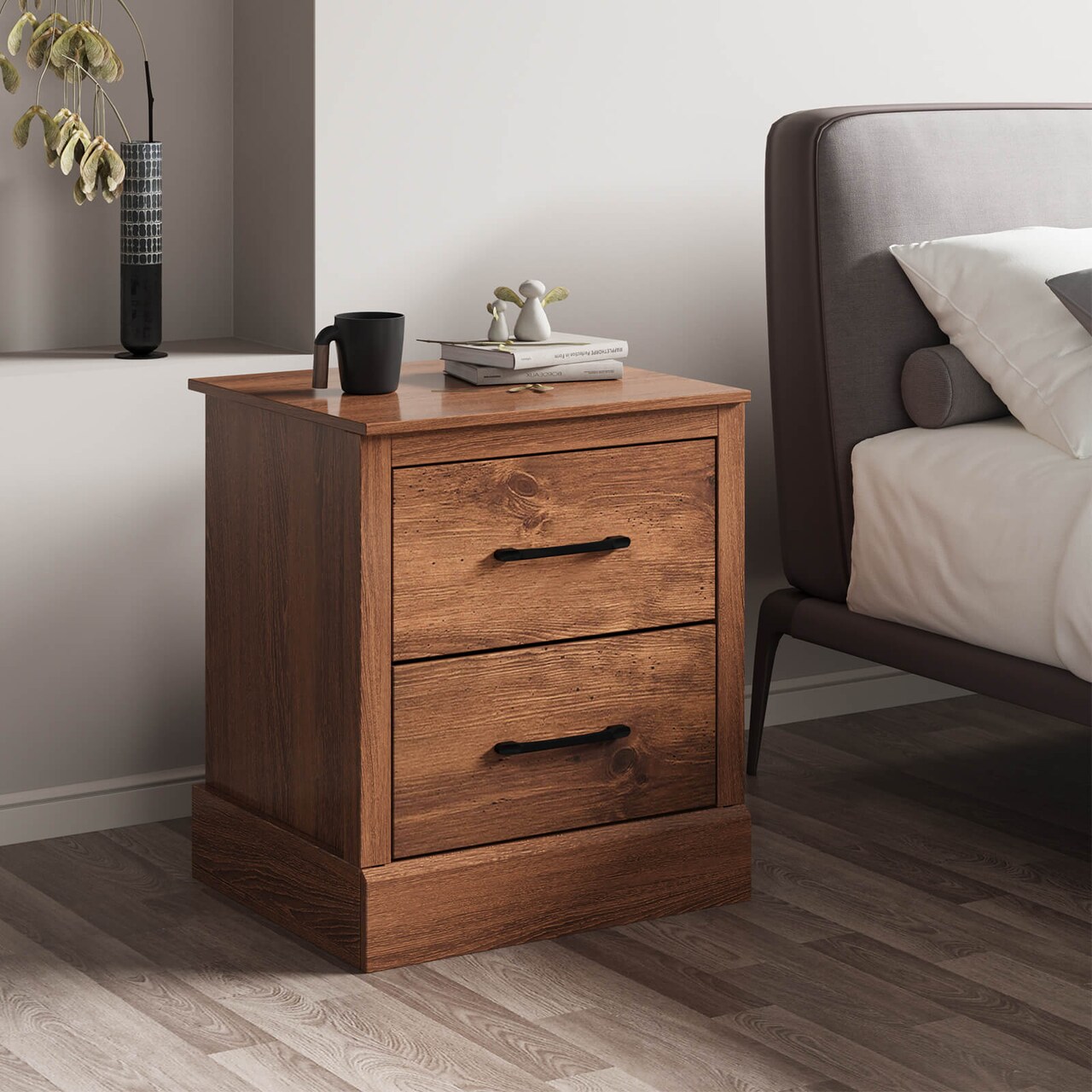Rustic Walnut Nightstand with Two Pull-Out Drawers and Spacious Tabletop Perfect for Living Room or Bedroom